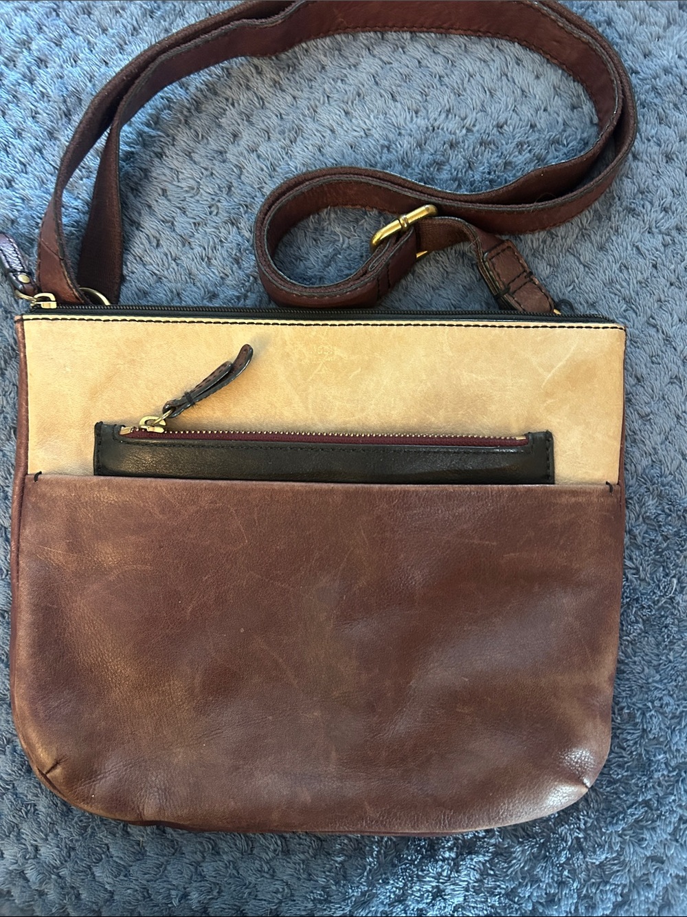 Fossil Two-Tone Brown and Tan Leather Messenger Crossbody